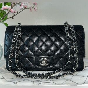 CHANEL Medium Classic Double Flap Caviar Quilted Handbag Black
